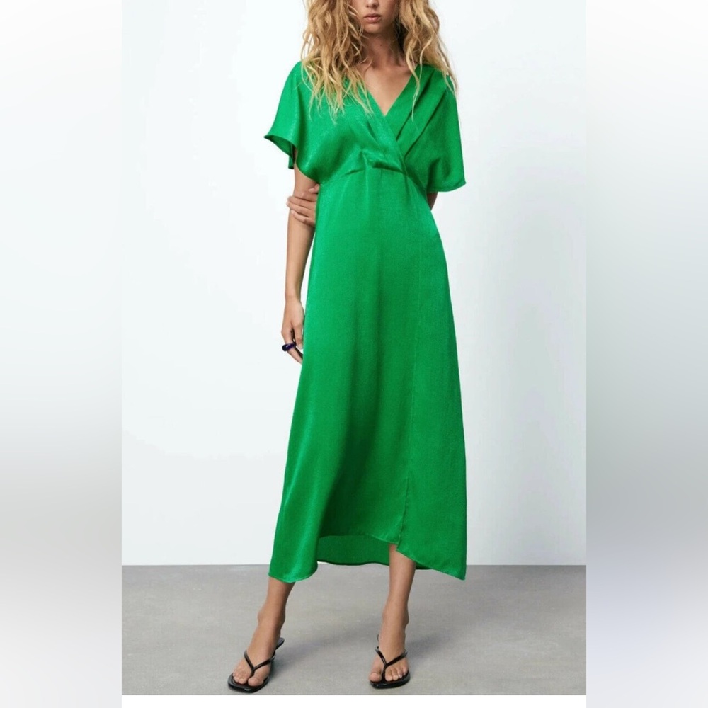 ZARA Emerald Green Satin Midi Dress